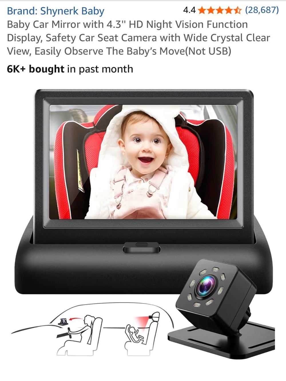 NWOT 4.3" HD Car Seat Camera with Night Vision - Black